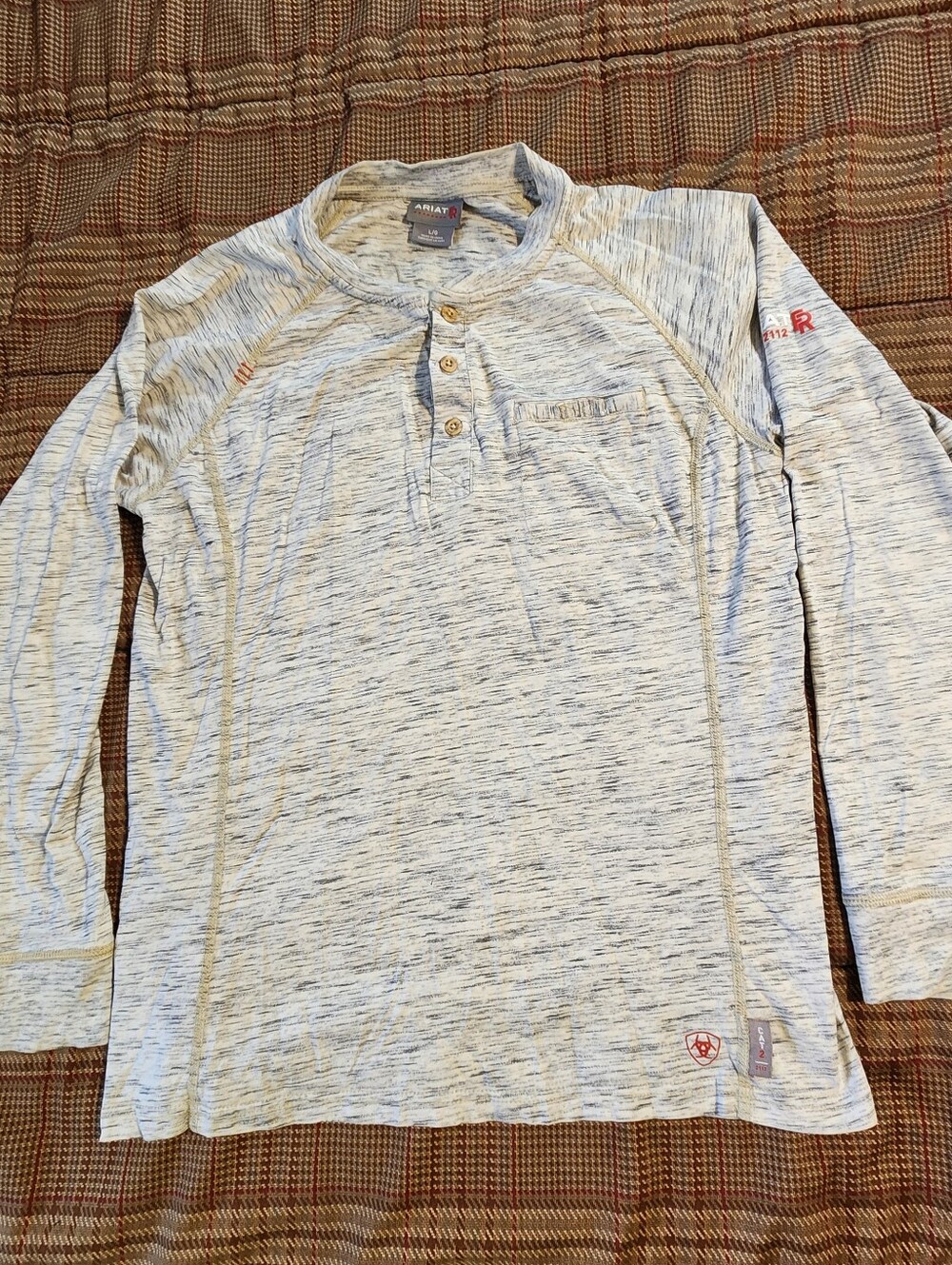 Ariat FR Henley Shirt Mens Size L  Sleeve Pocket T Striated Gray Fire Resistant